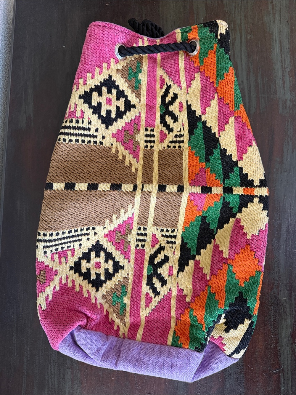 Handwoven Pink Multi-Color Patterned Drawstring Women’s Backpack Bag
